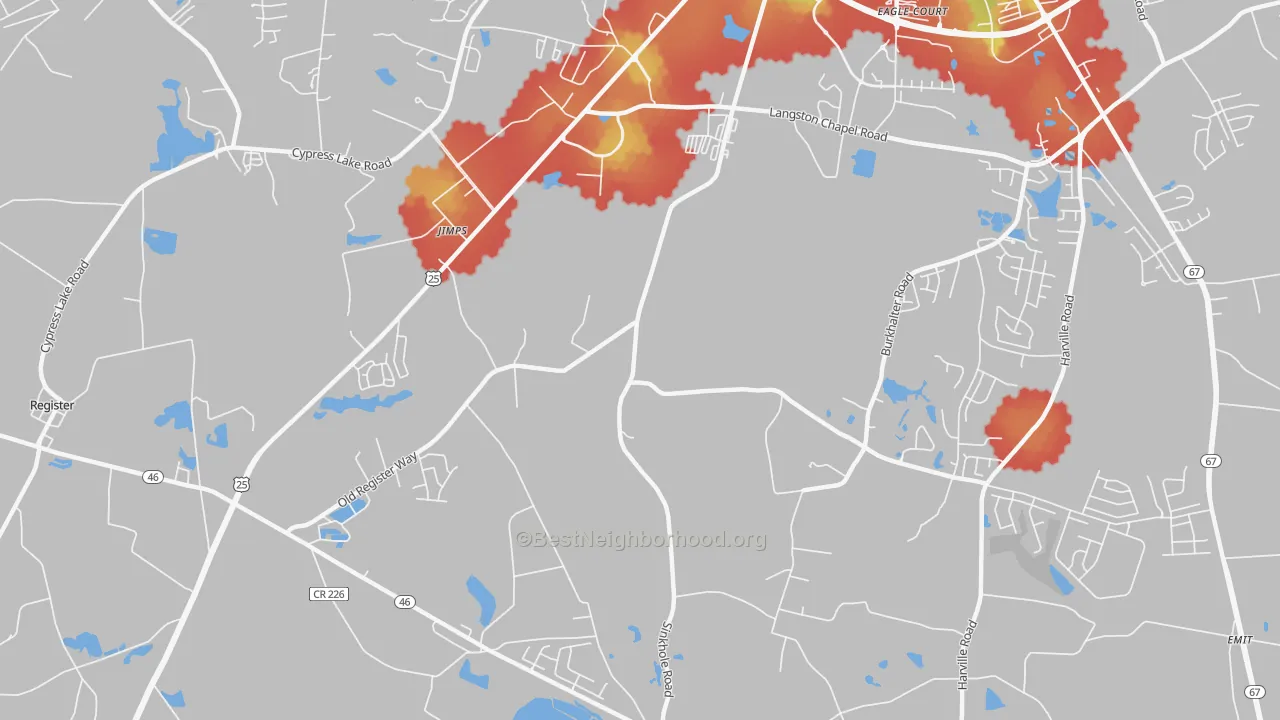 Walk Grade map of Jimps, GA, walkable areas in green and car-dependent areas in red
