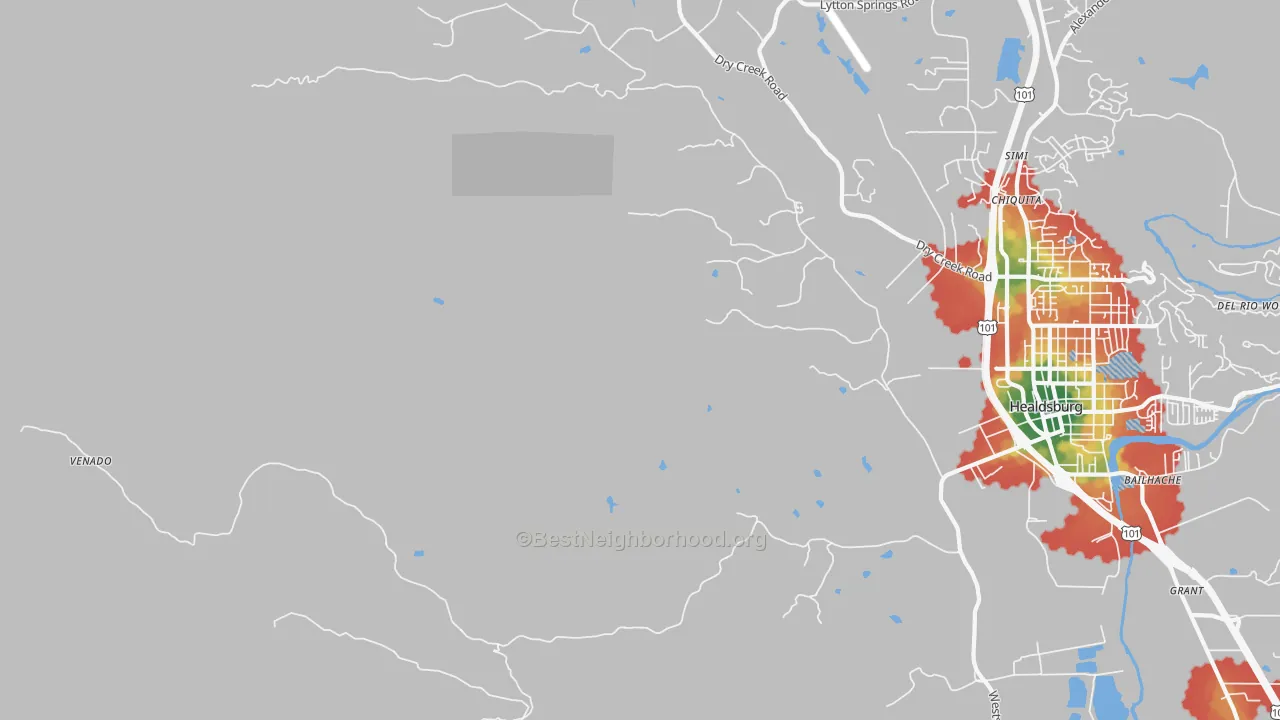Walk Grade map of Jimtown, CA, walkable areas in green and car-dependent areas in red