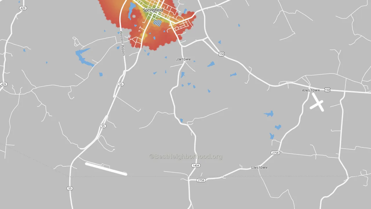 Walk Grade map of Jimtown, KY, walkable areas in green and car-dependent areas in red