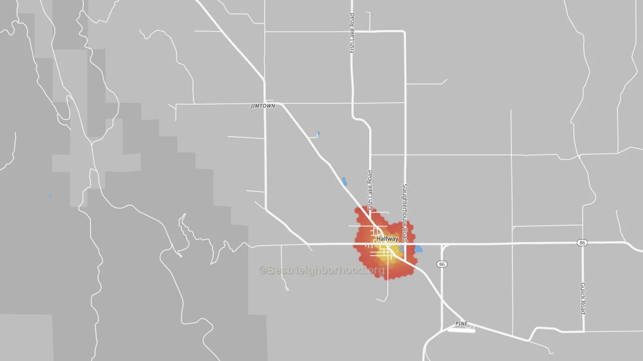 Walk Grade map of Jimtown, OR, walkable areas in green and car-dependent areas in red