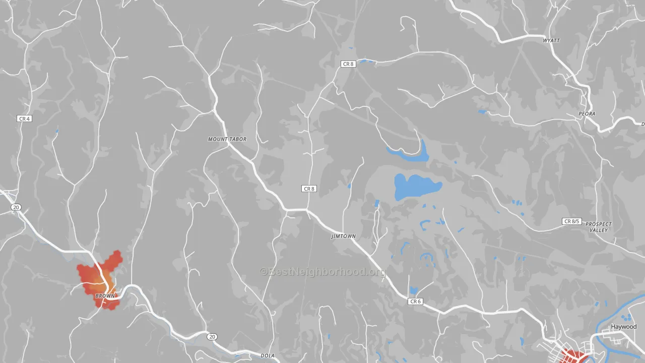 Walk Grade map of Jimtown, WV, walkable areas in green and car-dependent areas in red
