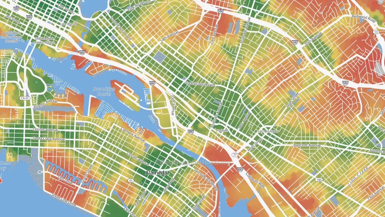 Walk Grade map of Jingletown, Oakland, CA, walkable areas in green and car-dependent areas in red