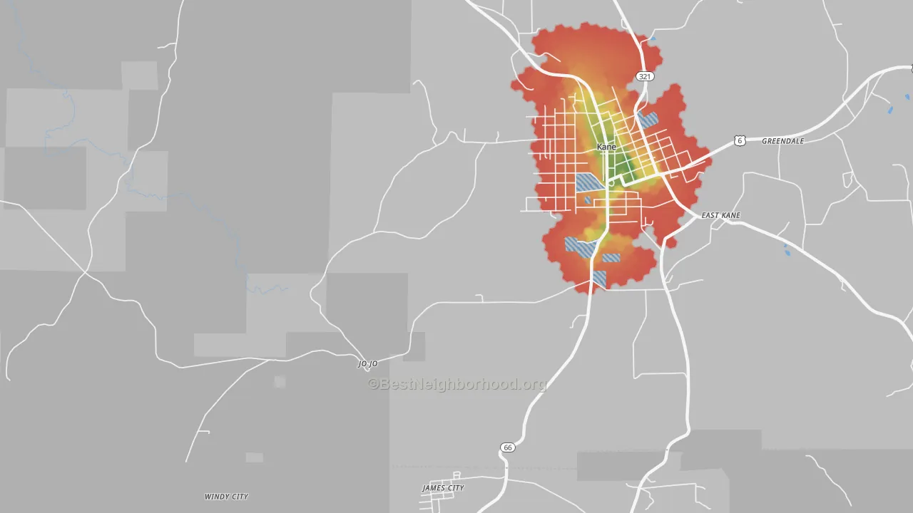 Walk Grade map of Jo Jo, PA, walkable areas in green and car-dependent areas in red