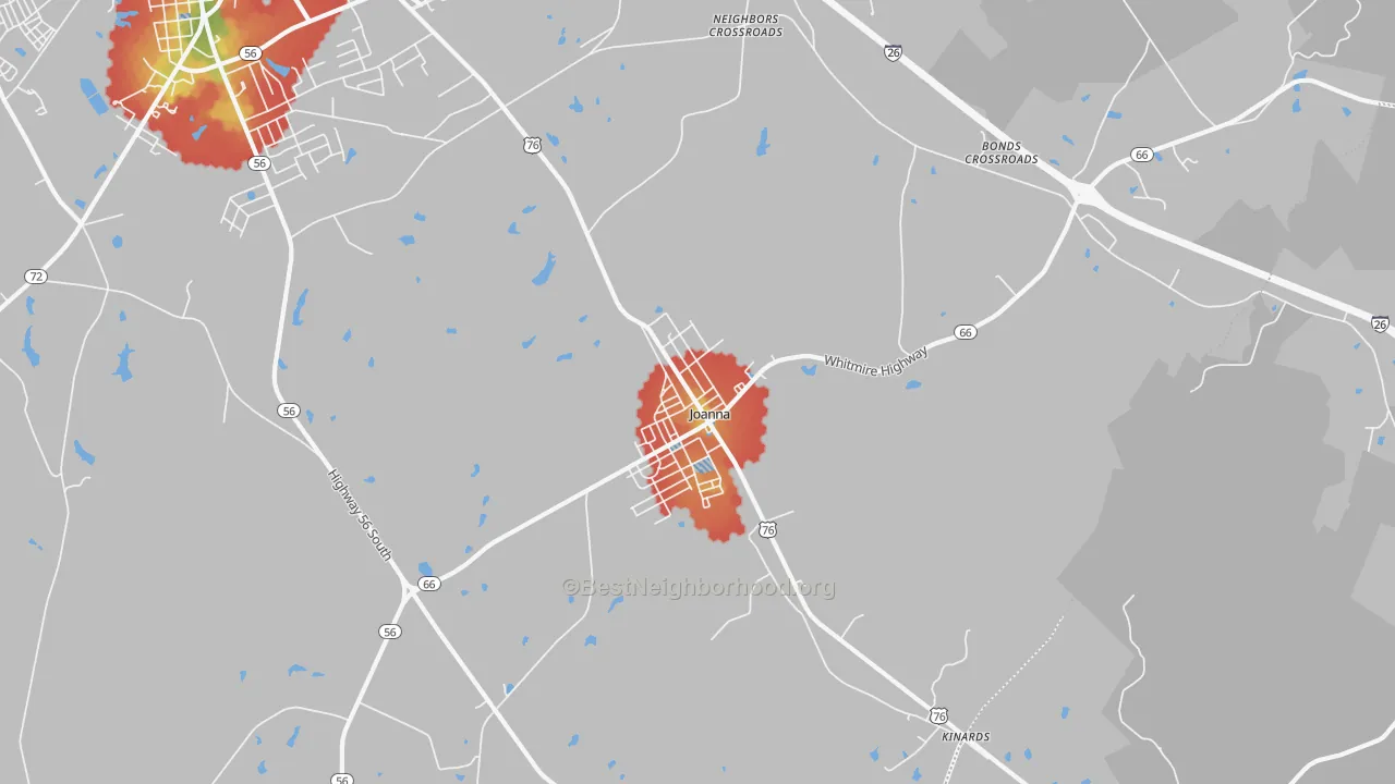 Walk Grade map of Joanna, SC, walkable areas in green and car-dependent areas in red