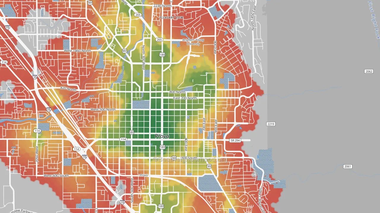 Walk Grade map of Joaquin, Provo, UT, walkable areas in green and car-dependent areas in red
