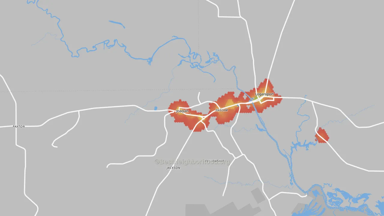 Walk Grade map of Joaquin, TX, walkable areas in green and car-dependent areas in red