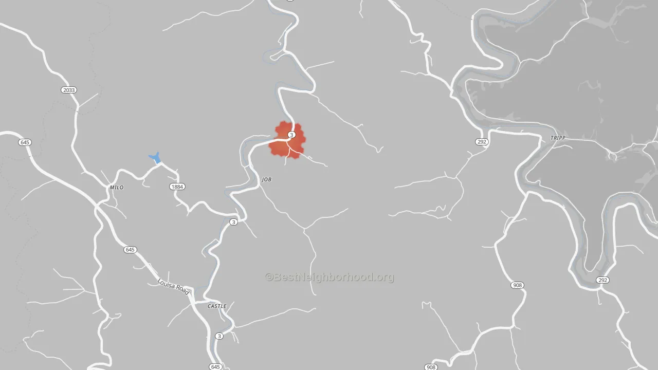 Walk Grade map of Job, KY, walkable areas in green and car-dependent areas in red