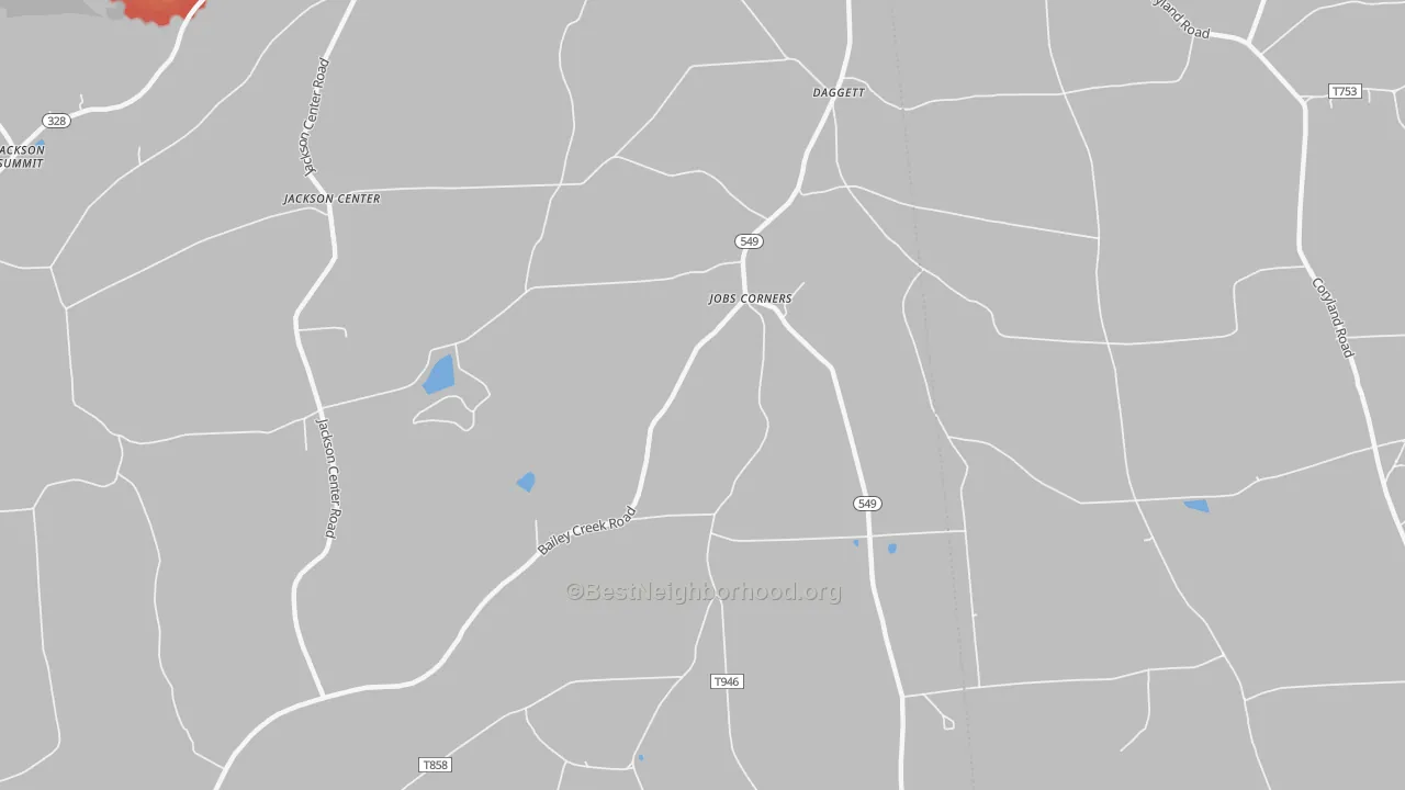 Walk Grade map of Jobs Corners, PA, walkable areas in green and car-dependent areas in red