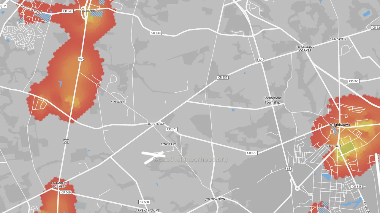Walk Grade map of Jobstown, NJ, walkable areas in green and car-dependent areas in red