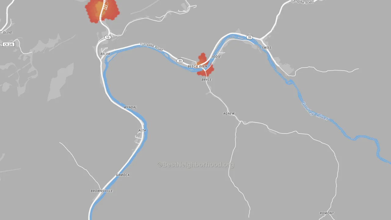 Walk Grade map of Jodie, WV, walkable areas in green and car-dependent areas in red
