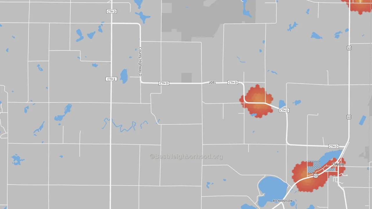 Walk Grade map of Joel, WI, walkable areas in green and car-dependent areas in red