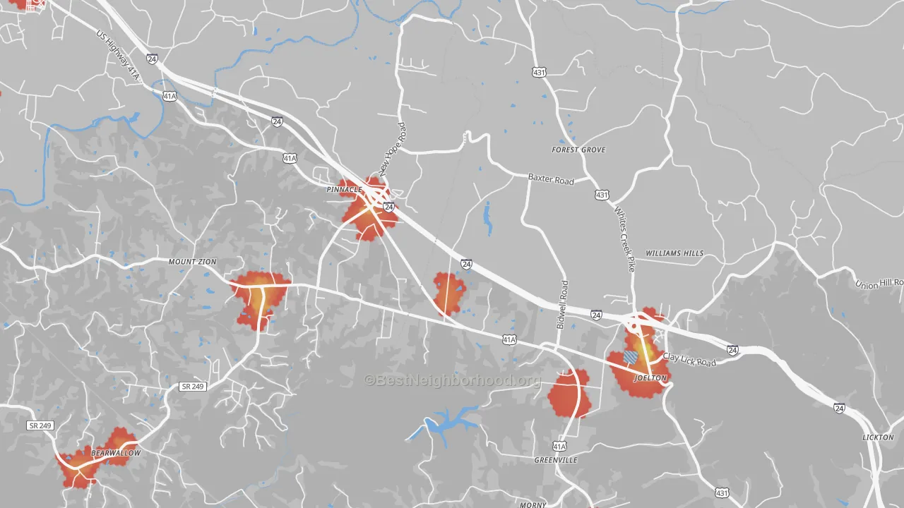 Walk Grade map of Joelton, TN, walkable areas in green and car-dependent areas in red