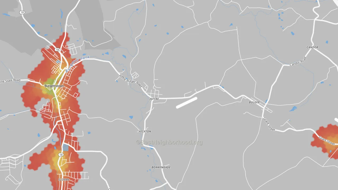 Walk Grade map of Joffre, PA, walkable areas in green and car-dependent areas in red