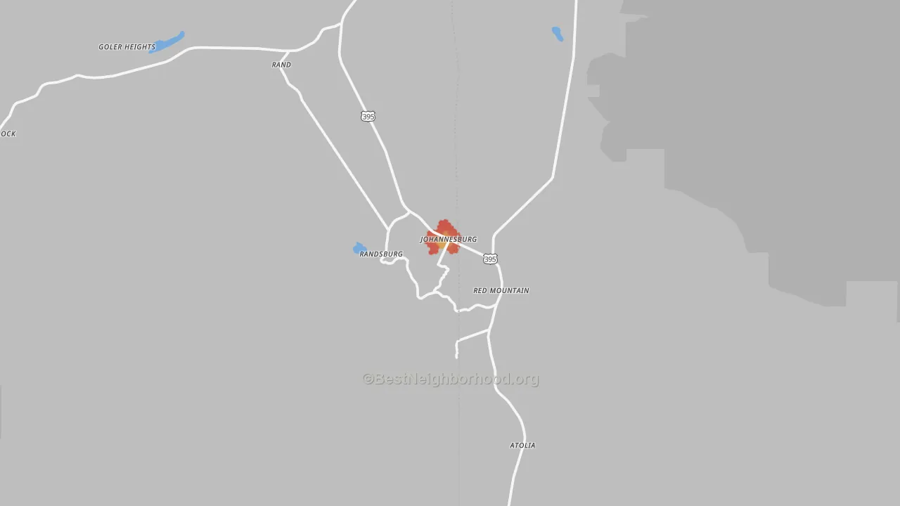 Walk Grade map of Johannesburg, CA, walkable areas in green and car-dependent areas in red