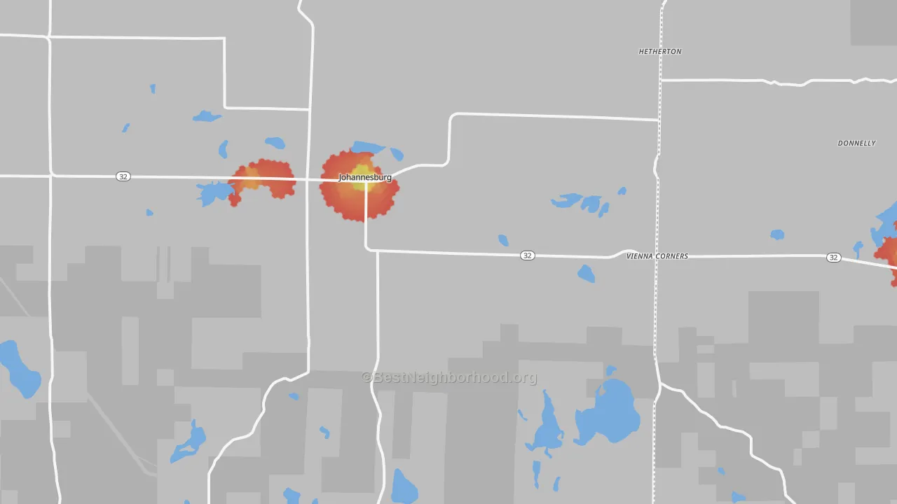 Walk Grade map of Johannesburg, MI, walkable areas in green and car-dependent areas in red