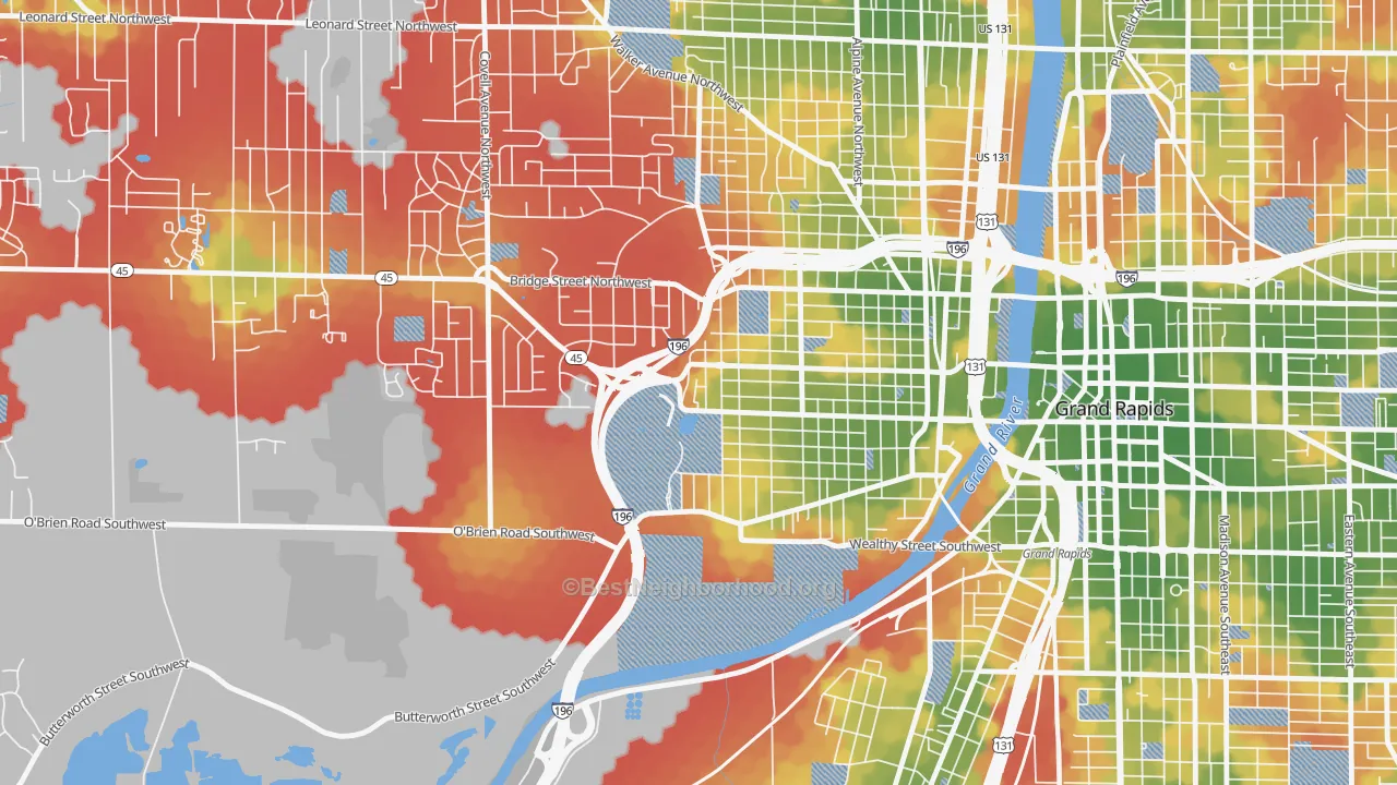 Walk Grade map of John Ball Park, Grand Rapids, MI, walkable areas in green and car-dependent areas in red