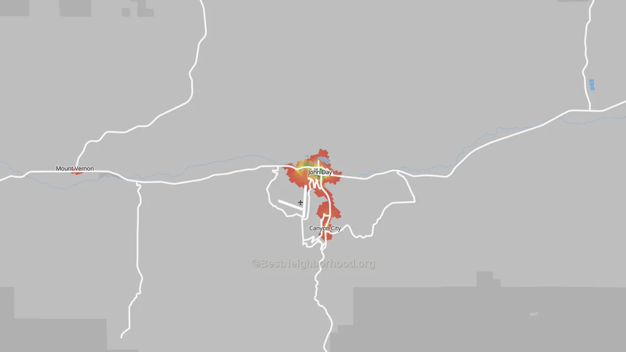 Walk Grade map of John Day, OR, walkable areas in green and car-dependent areas in red