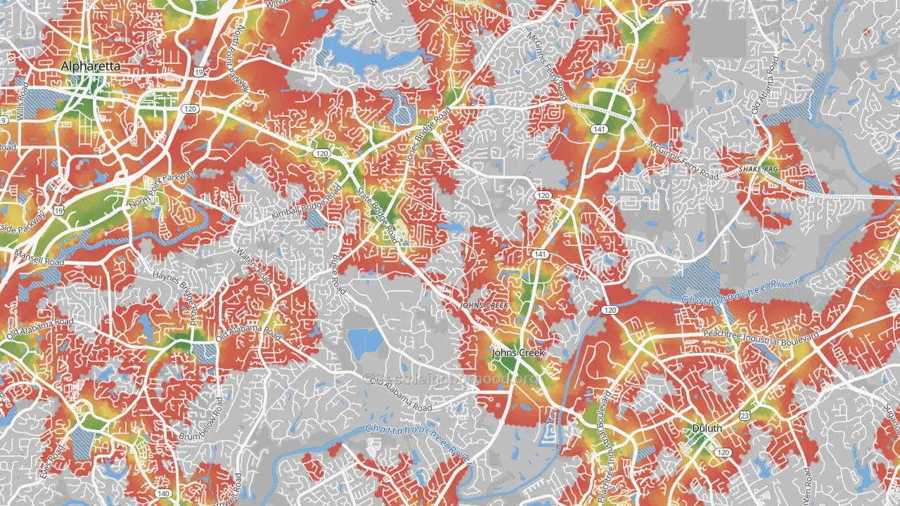 Walk Grade map of Johns Creek, GA, walkable areas in green and car-dependent areas in red
