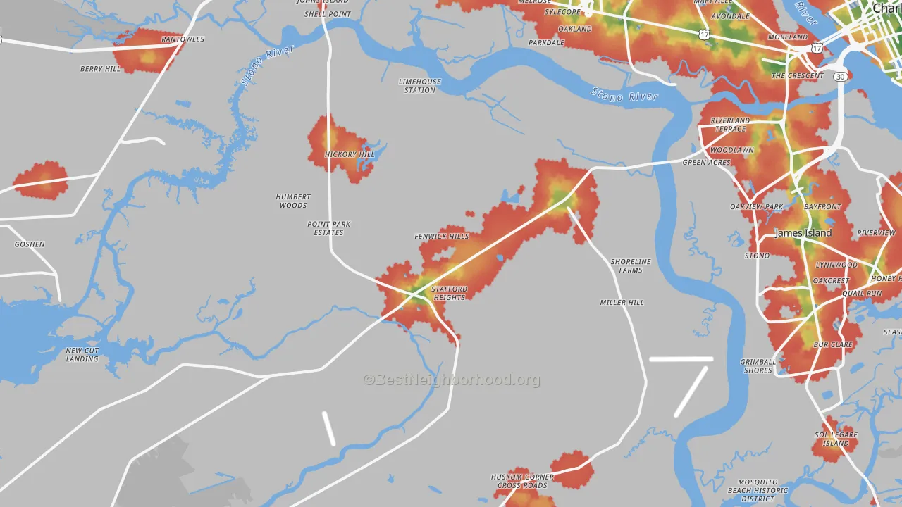 Walk Grade map of Johns Island, SC, walkable areas in green and car-dependent areas in red
