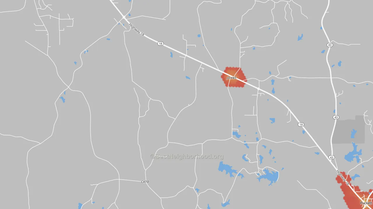 Walk Grade map of Johns, MS, walkable areas in green and car-dependent areas in red