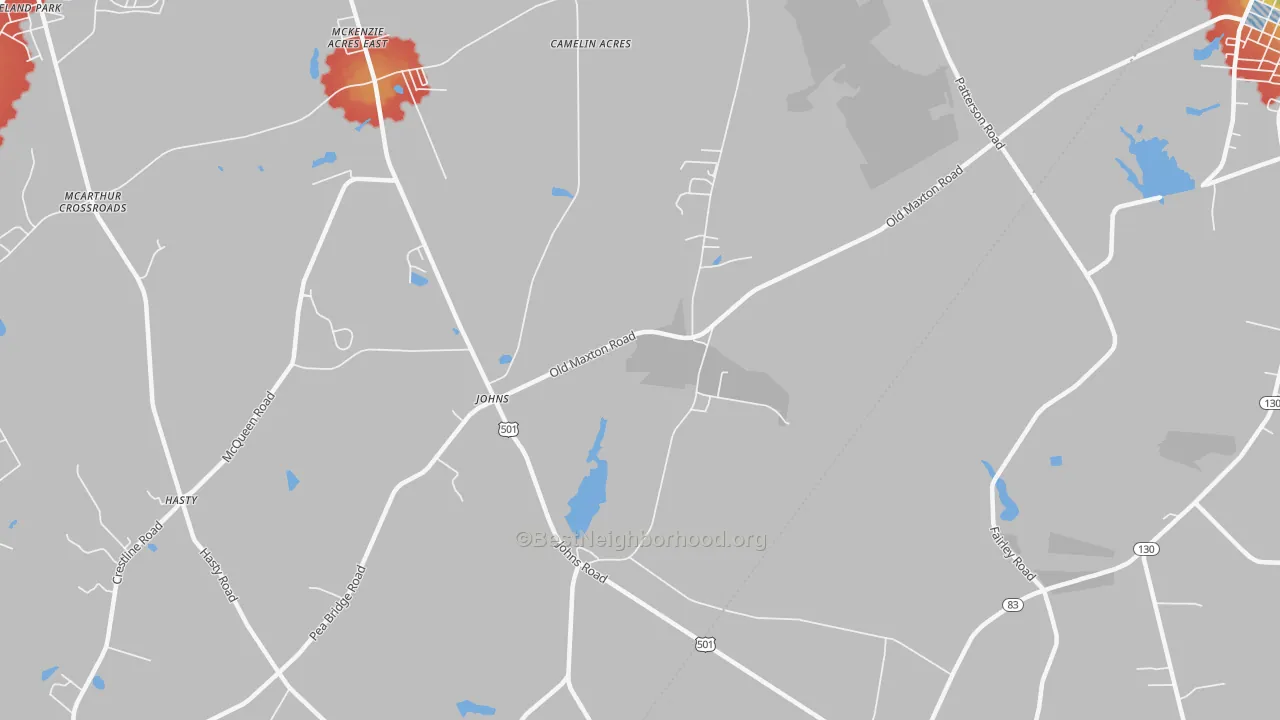 Walk Grade map of Johns, NC, walkable areas in green and car-dependent areas in red