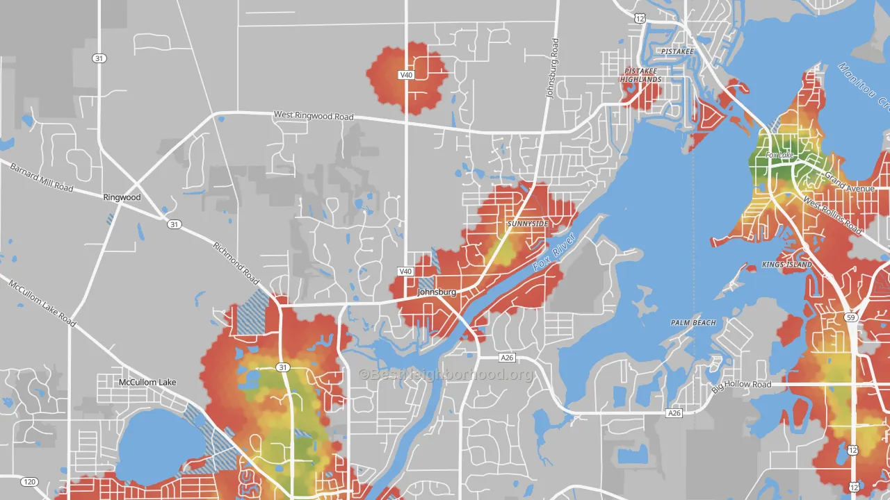 Walk Grade map of Johnsburg, IL, walkable areas in green and car-dependent areas in red
