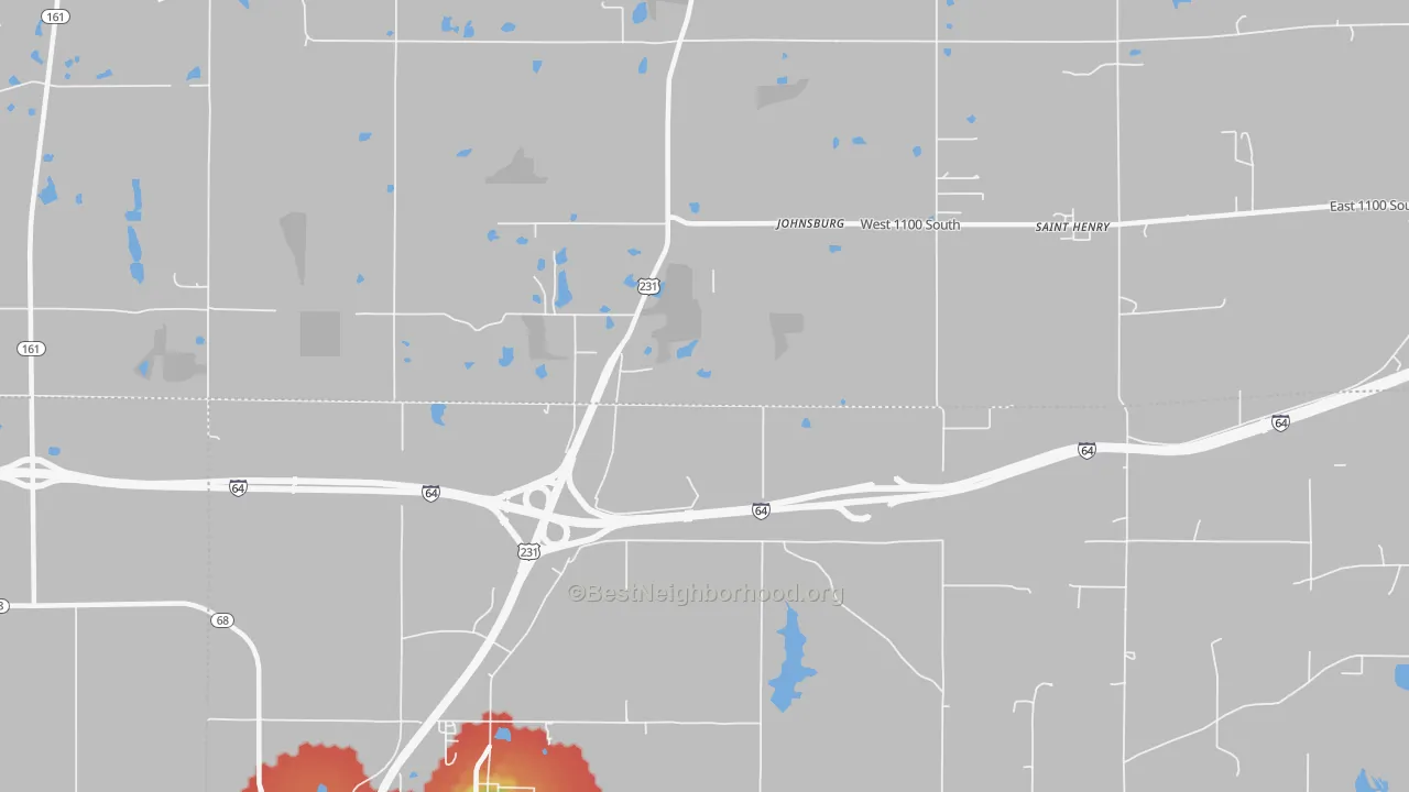Walk Grade map of Johnsburg, IN, walkable areas in green and car-dependent areas in red