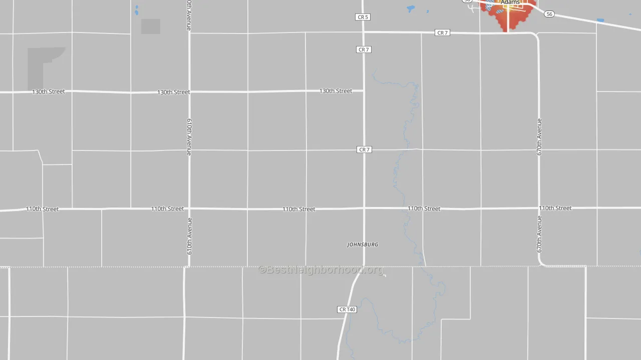 Walk Grade map of Johnsburg, MN, walkable areas in green and car-dependent areas in red