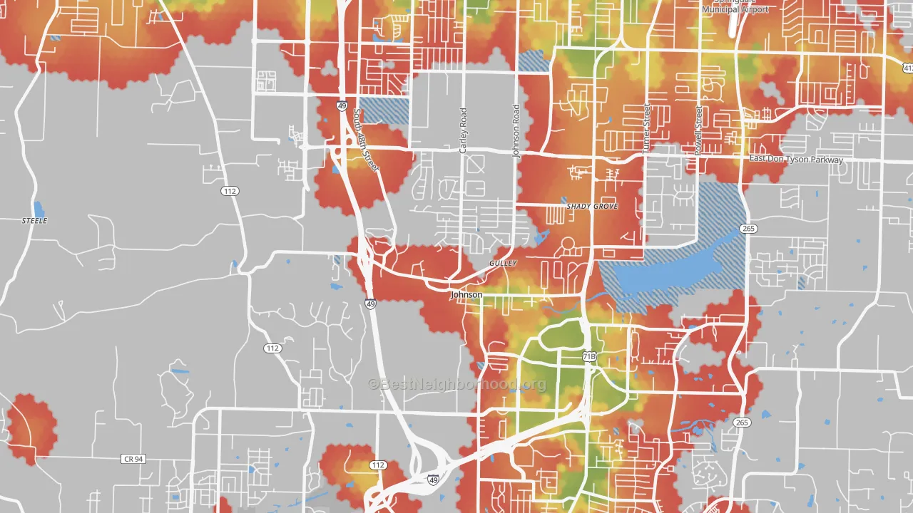 Walk Grade map of Johnson, AR, walkable areas in green and car-dependent areas in red
