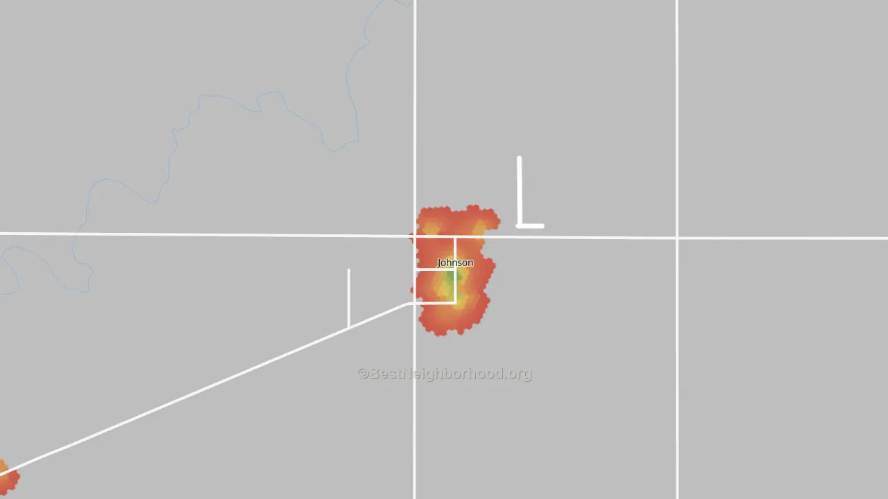 Walk Grade map of Johnson City, KS, walkable areas in green and car-dependent areas in red