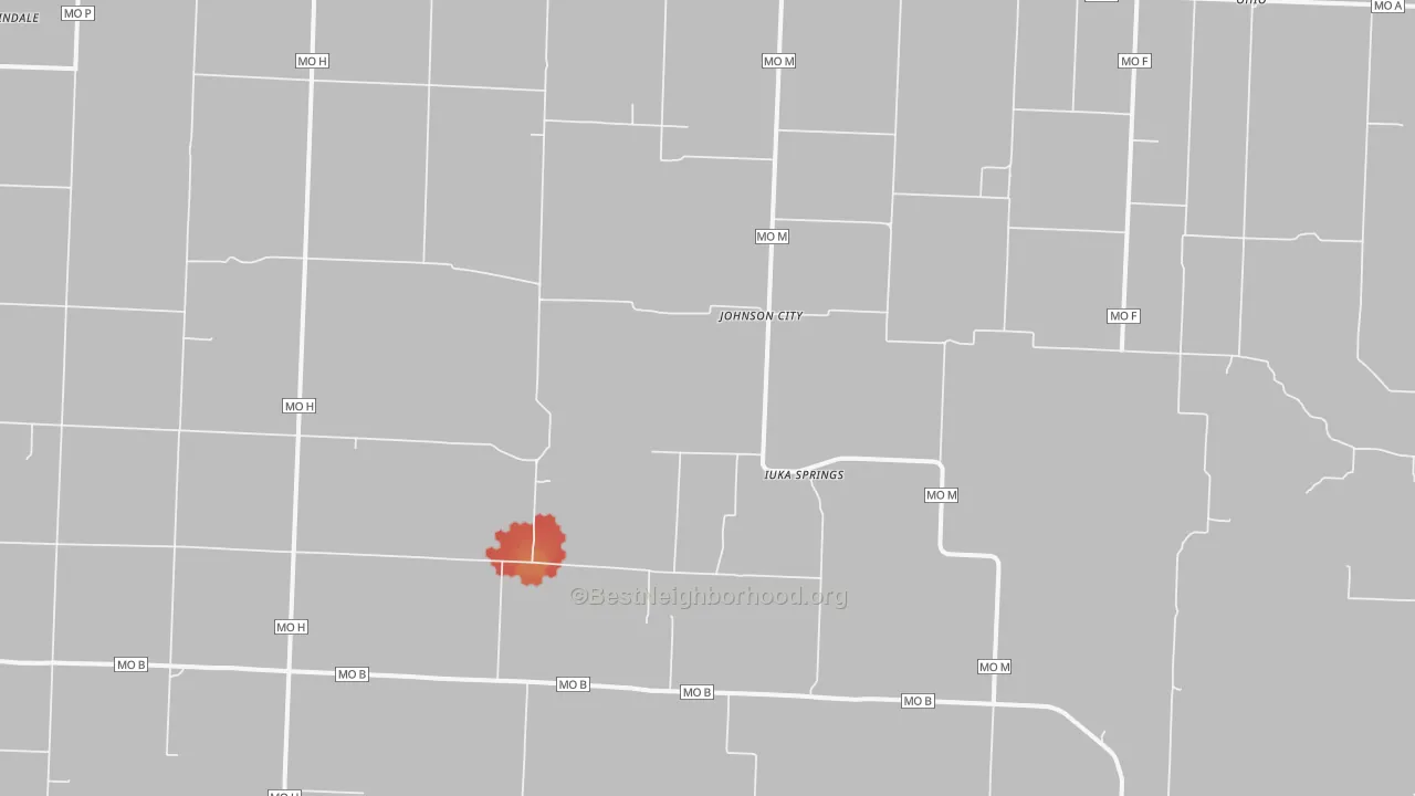 Walk Grade map of Johnson City, MO, walkable areas in green and car-dependent areas in red