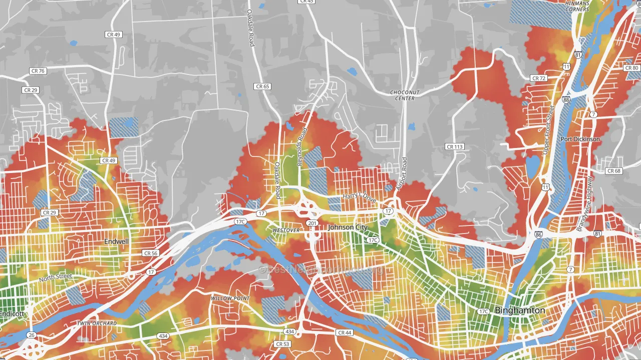 Walk Grade map of Johnson City, NY, walkable areas in green and car-dependent areas in red