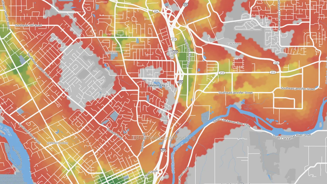 Walk Grade map of Johnson City, OR, walkable areas in green and car-dependent areas in red