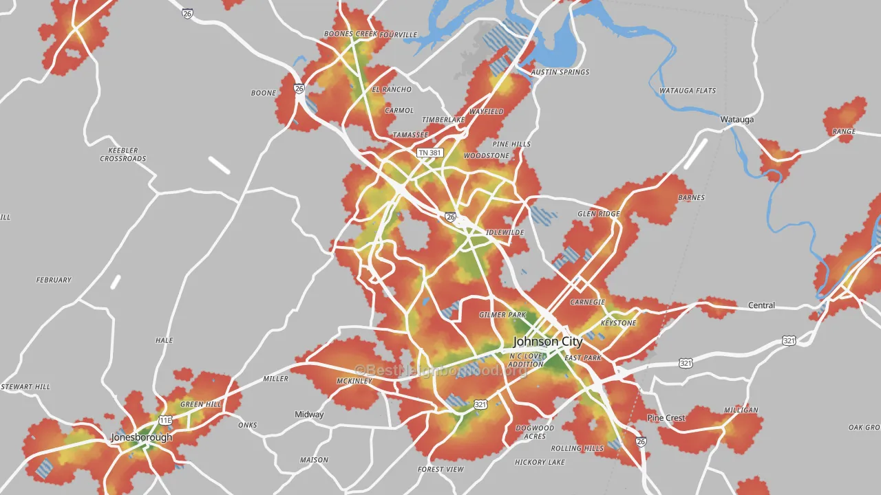 Walk Grade map of Johnson City, TN, walkable areas in green and car-dependent areas in red