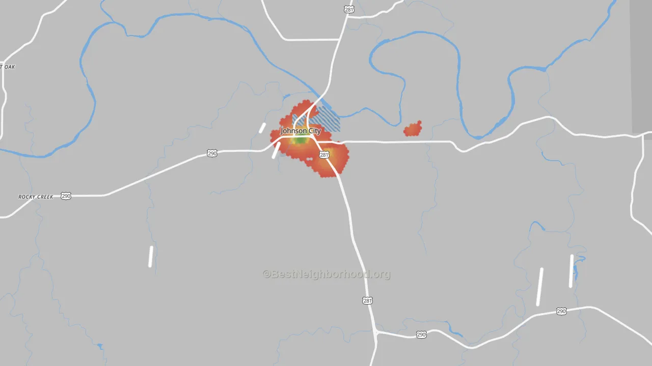 Walk Grade map of Johnson City, TX, walkable areas in green and car-dependent areas in red
