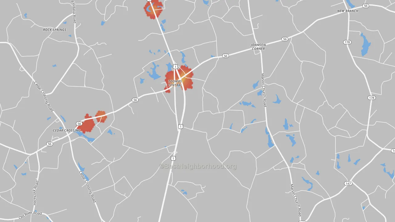 Walk Grade map of Johnson Corner, GA, walkable areas in green and car-dependent areas in red