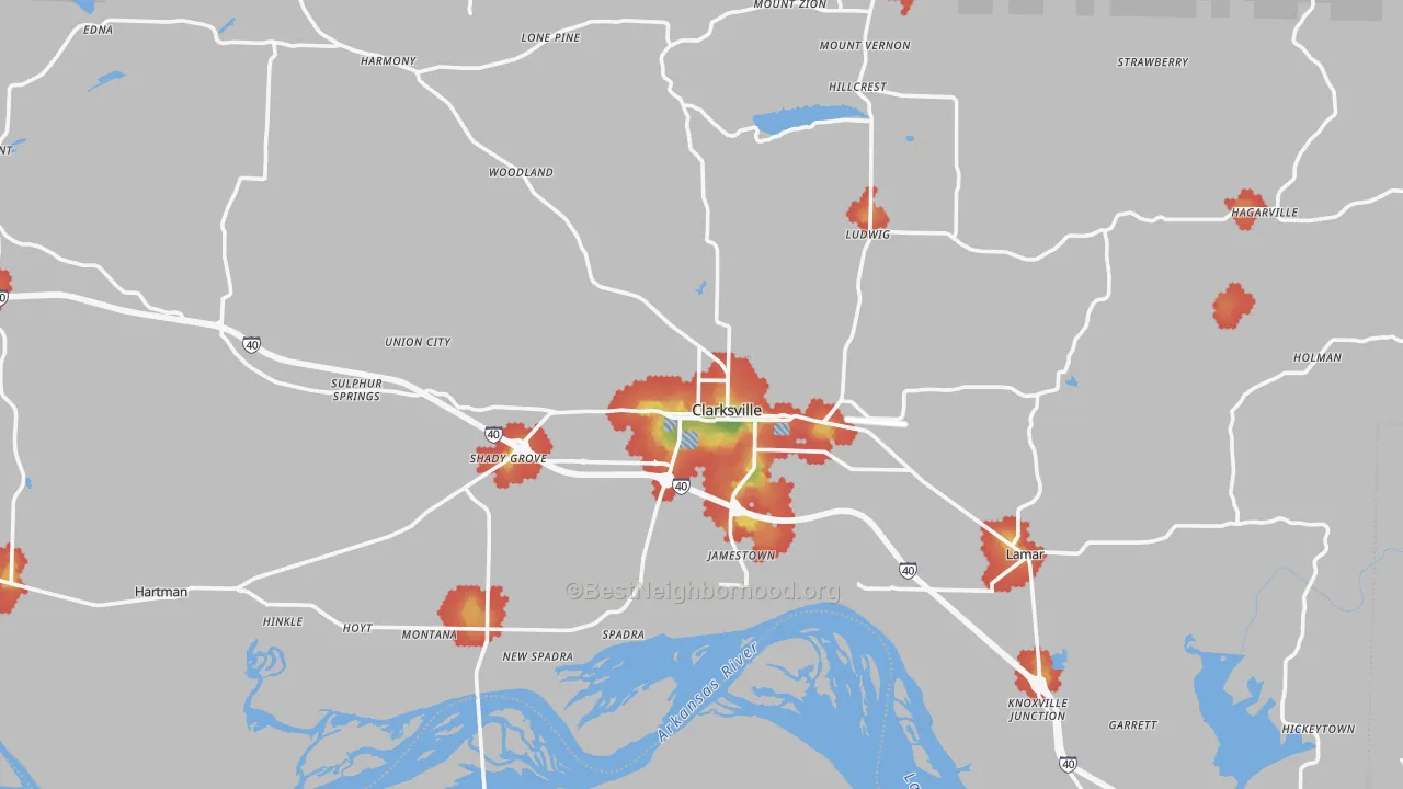 Walk Grade map of Johnson County, AR, walkable areas in green and car-dependent areas in red