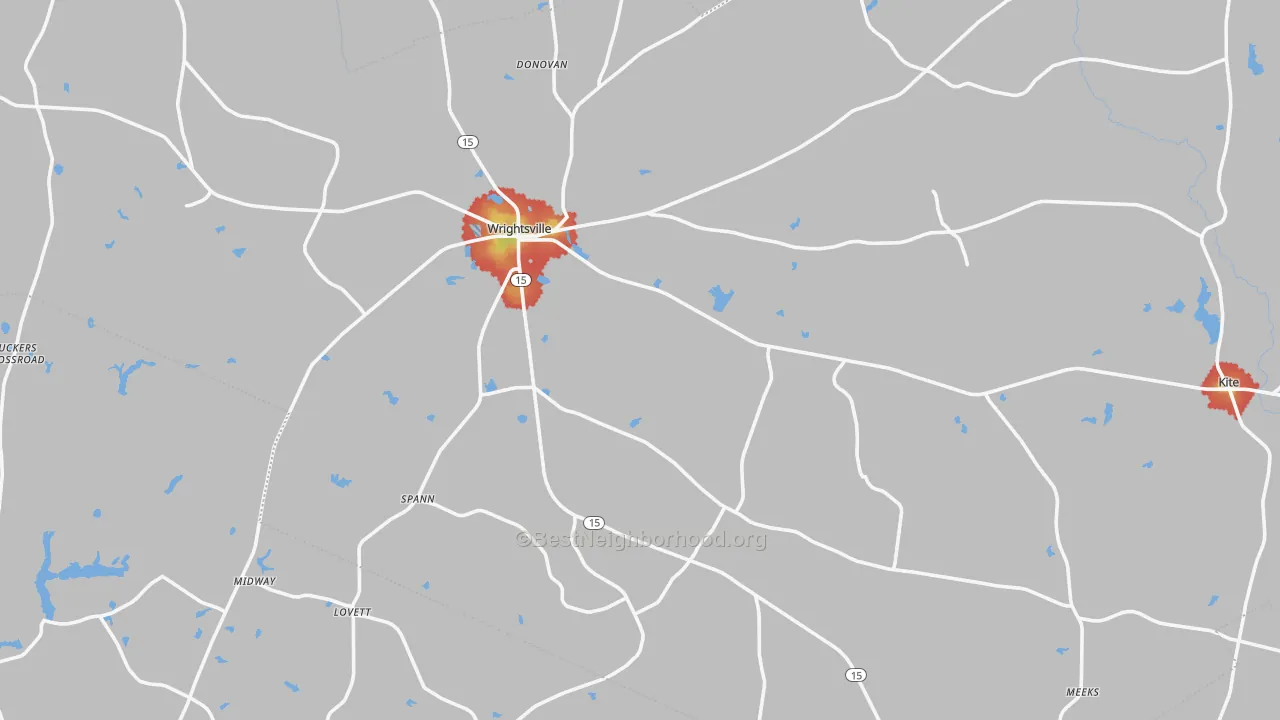 Walk Grade map of Johnson County, GA, walkable areas in green and car-dependent areas in red