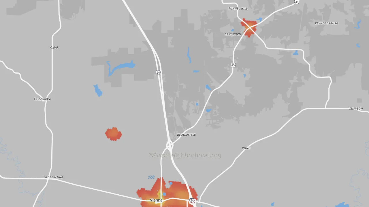 Walk Grade map of Johnson County, IL, walkable areas in green and car-dependent areas in red