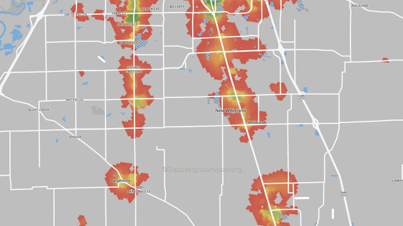 Walk Grade map of Johnson County, IN, walkable areas in green and car-dependent areas in red