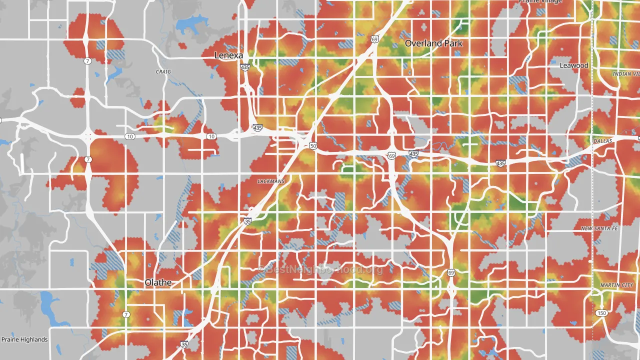 Walk Grade map of Johnson County, KS, walkable areas in green and car-dependent areas in red