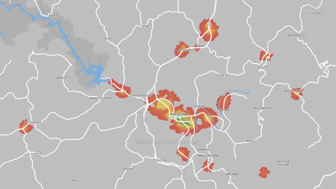 Walk Grade map of Johnson County, KY, walkable areas in green and car-dependent areas in red