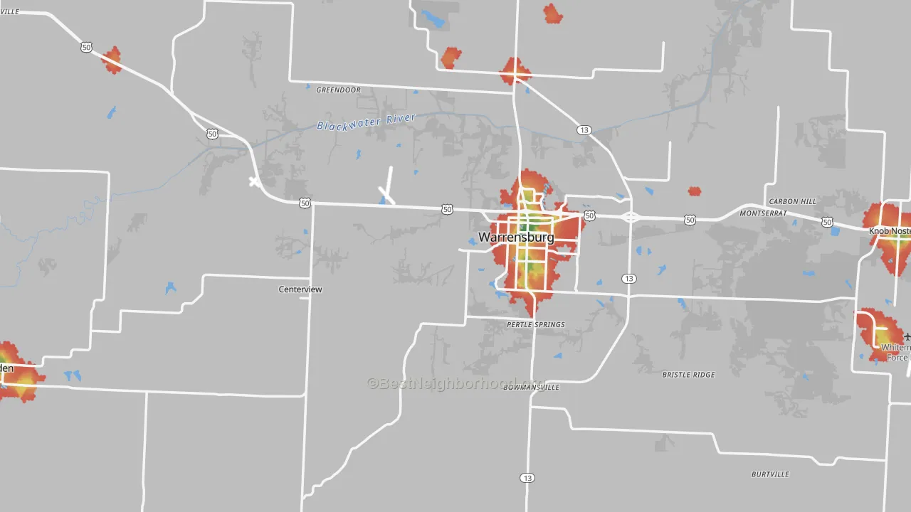 Walk Grade map of Johnson County, MO, walkable areas in green and car-dependent areas in red