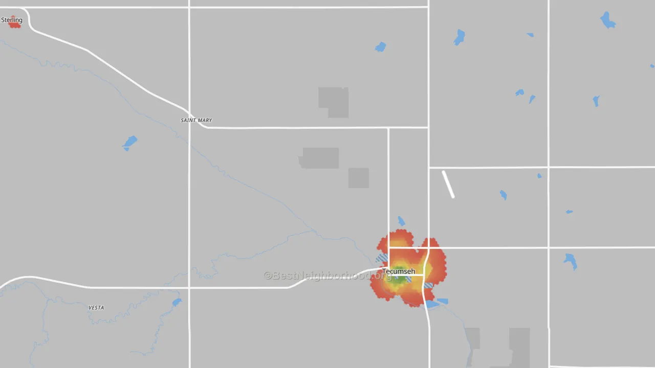 Walk Grade map of Johnson County, NE, walkable areas in green and car-dependent areas in red