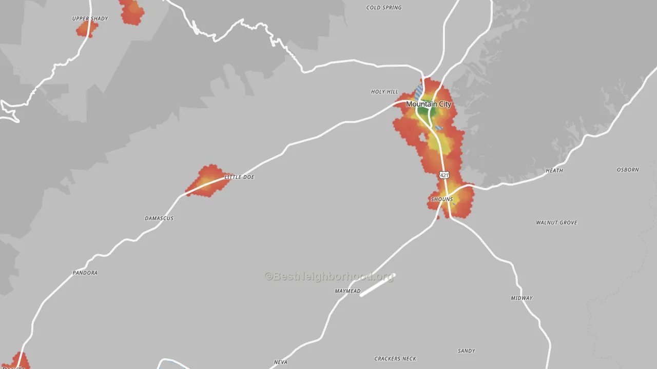 Walk Grade map of Johnson County, TN, walkable areas in green and car-dependent areas in red