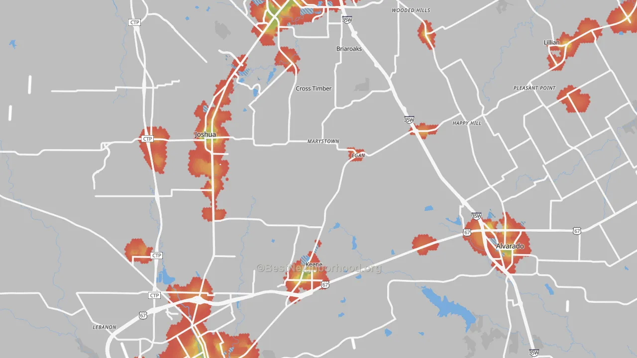 Walk Grade map of Johnson County, TX, walkable areas in green and car-dependent areas in red