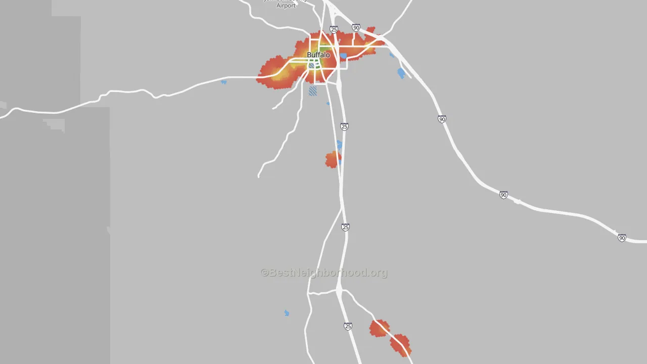 Walk Grade map of Johnson County, WY, walkable areas in green and car-dependent areas in red