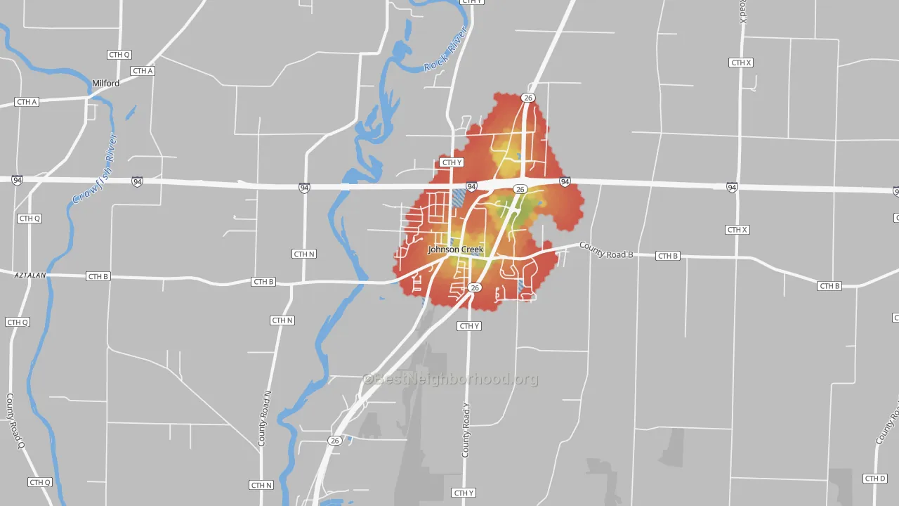 Walk Grade map of Johnson Creek, WI, walkable areas in green and car-dependent areas in red