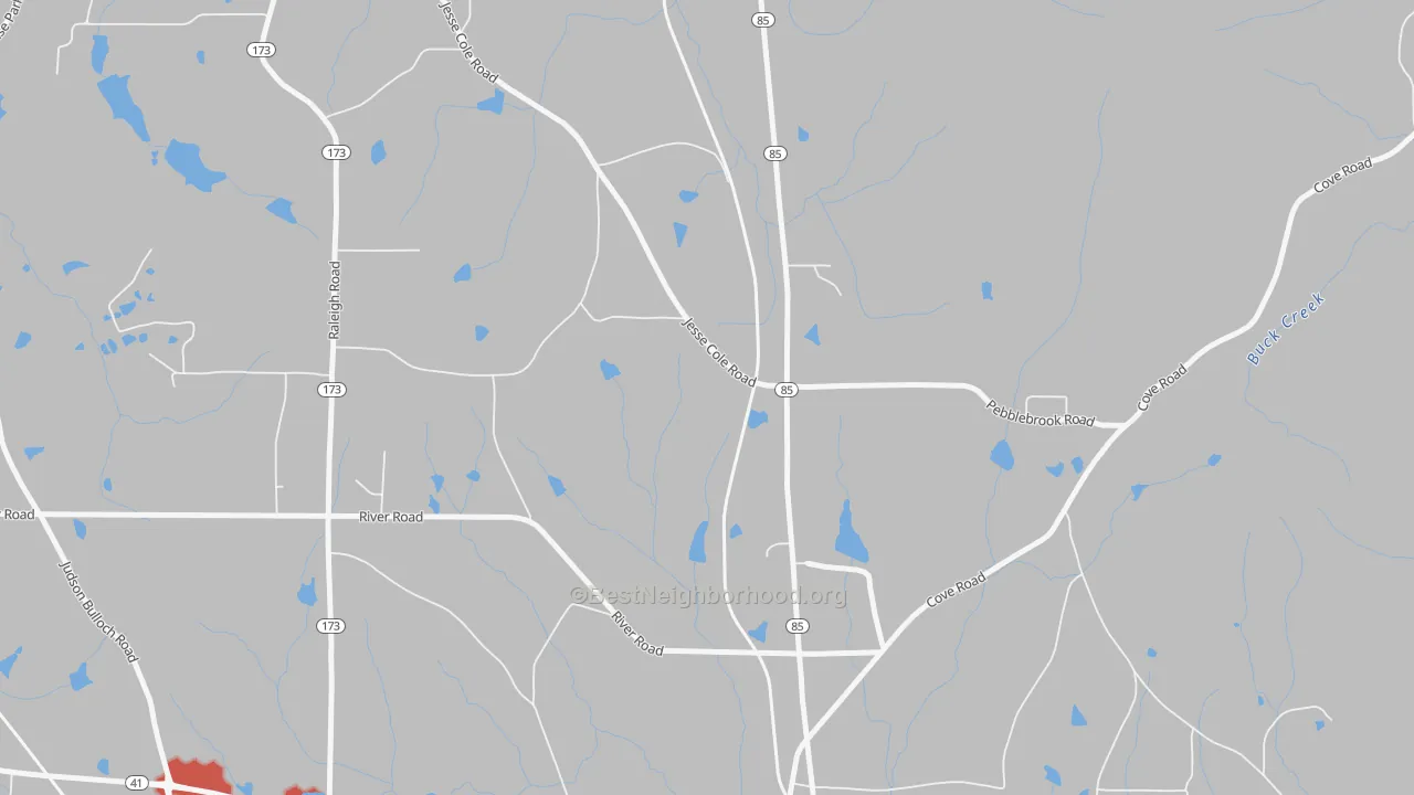 Walk Grade map of Johnson Crossroads, GA, walkable areas in green and car-dependent areas in red