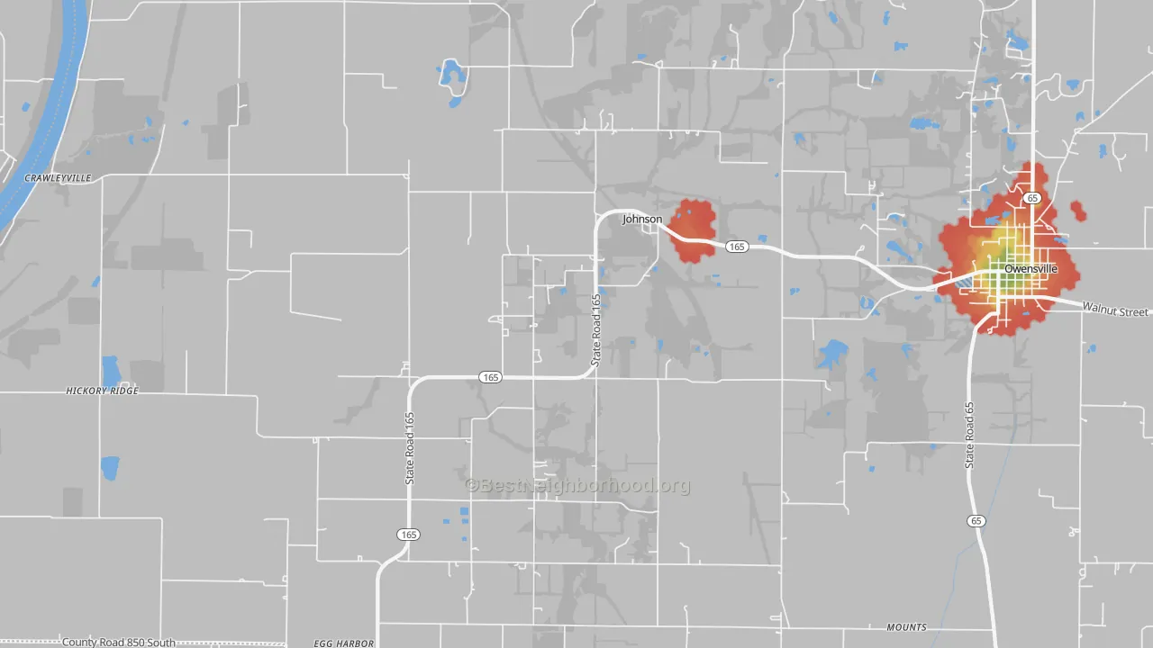 Walk Grade map of Johnson, IN, walkable areas in green and car-dependent areas in red